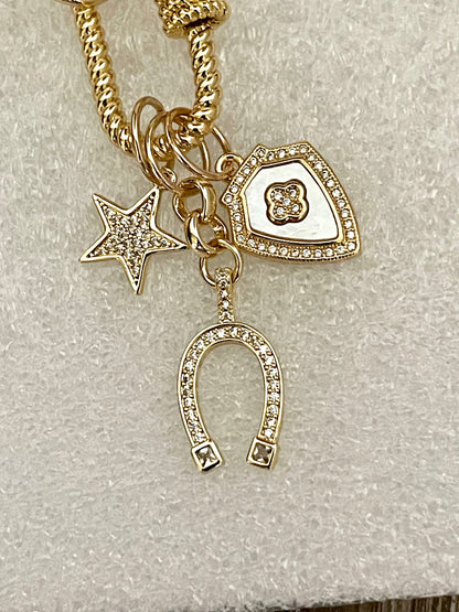 Gold Paperclip Chain-Charm Necklace-Rope Design Carabiner-Screw Clasp-3 Micro Pave CZ Charms-Star Charm-Horseshoe Charm-Crest Clover Charm