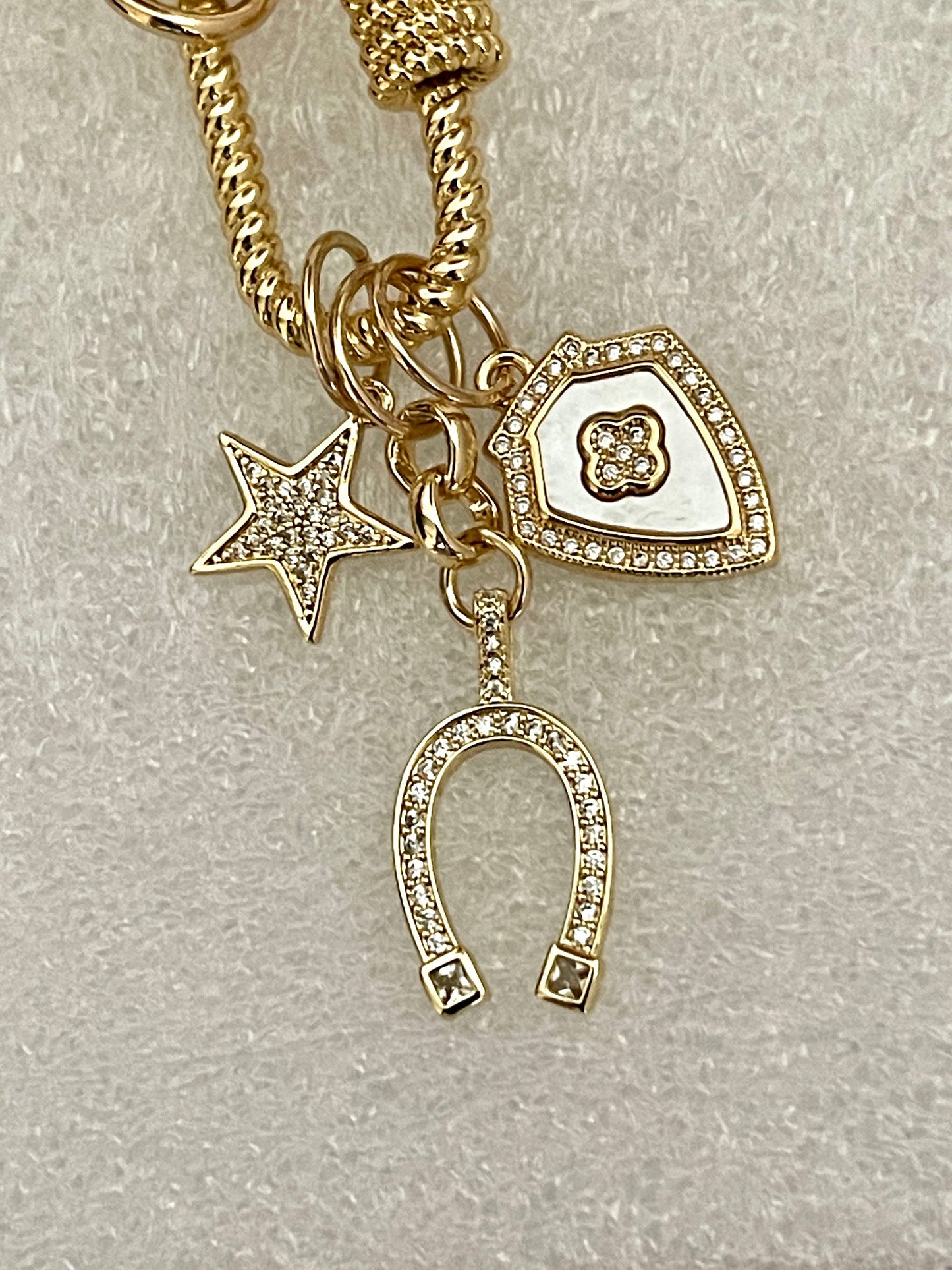 Gold Paperclip Chain-Charm Necklace-Rope Design Carabiner-Screw Clasp-3 Micro Pave CZ Charms-Star Charm-Horseshoe Charm-Crest Clover Charm