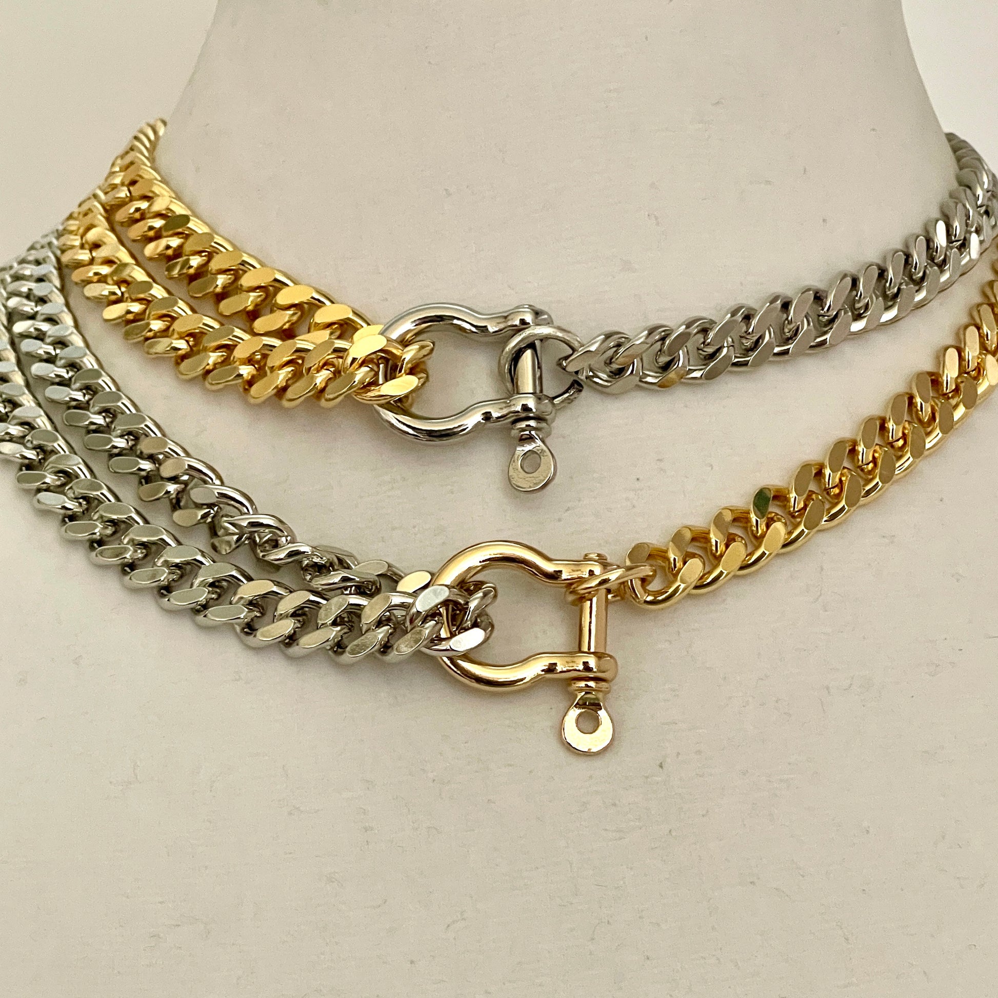 Two-Tone Miami Cuban Chain Necklace-Thick Chunky Chain-Double Layer Cuban Chain-Shackle Clasp-2 Variations-Unique Design-Gift For Her