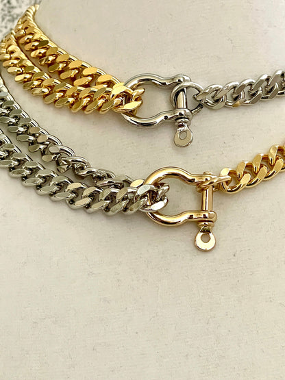 Two-Tone Miami Cuban Chain Necklace-Thick Chunky Chain-Double Layer Cuban Chain-Shackle Clasp-2 Variations-Unique Design-Gift For Her