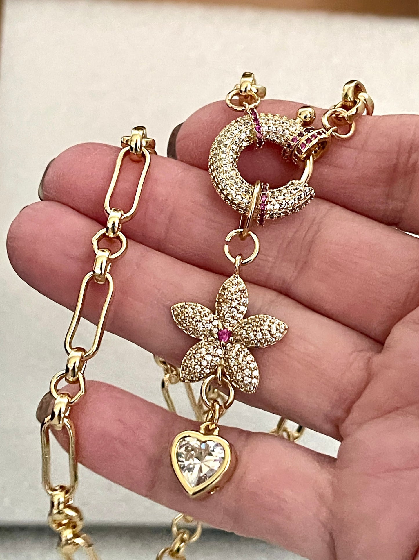 Gold Specialty Chain Necklace-Ruby CZ Mariner Clasp-Ruby CZ Flower Pendant-Large Heart-Shaped Cubic Zirconia Stone-Gift For Her