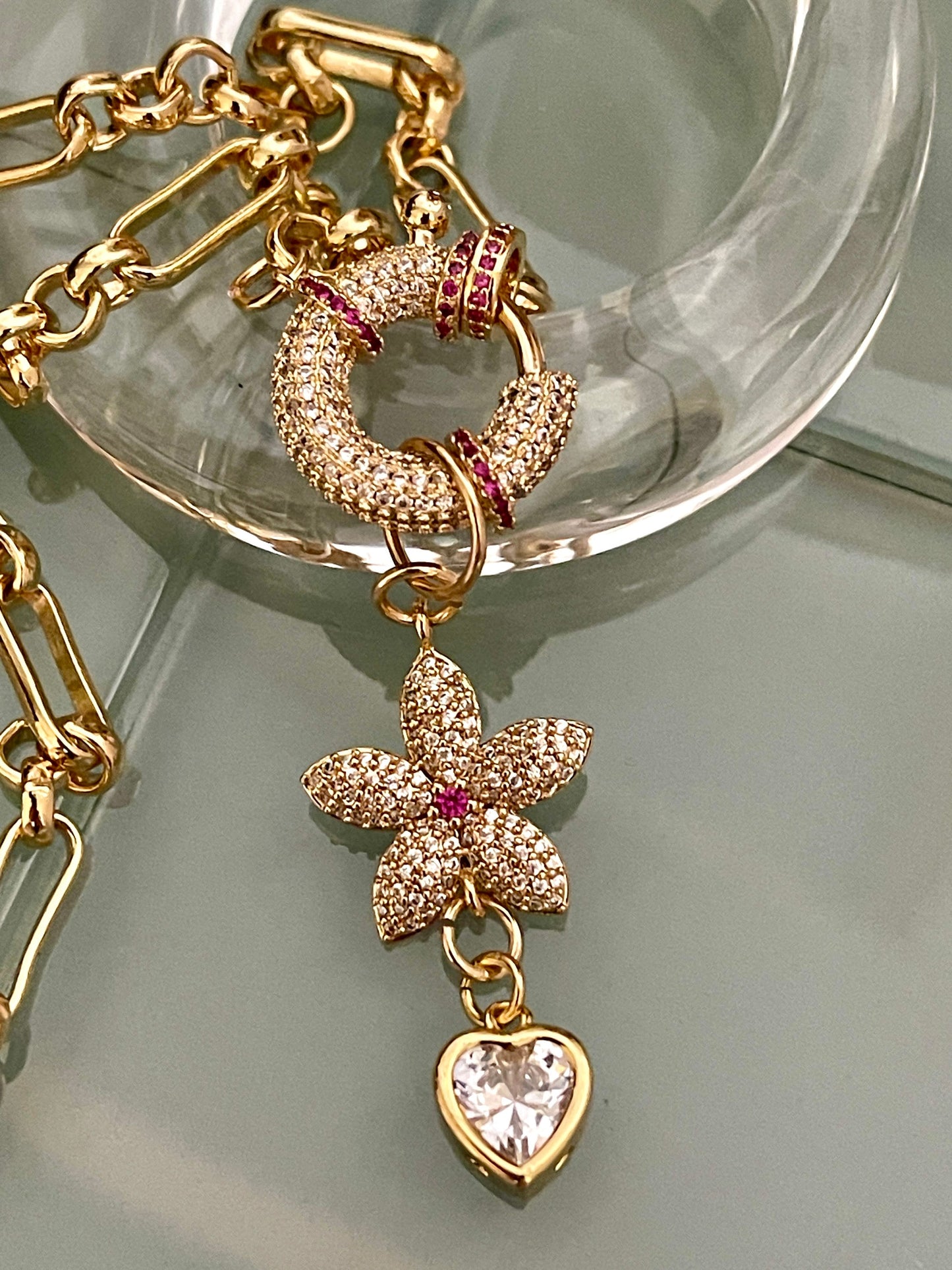 Gold Specialty Chain Necklace-Ruby CZ Mariner Clasp-Ruby CZ Flower Pendant-Large Heart-Shaped Cubic Zirconia Stone-Gift For Her