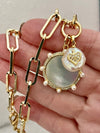 Gold Paperclip Chain Necklace-Mother of Pearl Pendant-CZ Encrusted Bezel-Freshwater Heart Pearl Charm-Lobster Clasp