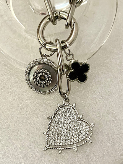 Silver Paperclip Chain Necklace-CZ Heart Pendant-CZ Round Disc Pendant-Black Enamel Clover Charm-Lobster Clasp-CZ Carabiner Chain Choker