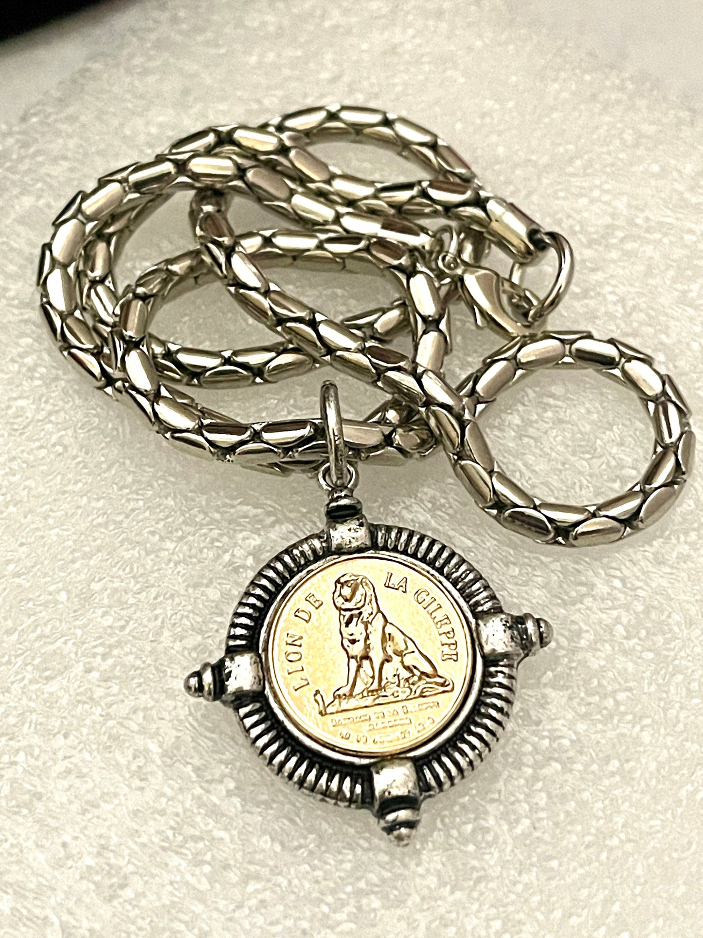 Thick Silver Snake Chain Necklace-Lion De La Gileppe Coin-Reproduction French Medal-Lion Jewelry-Lion Pendant-Mixed Metal-Lobster Clasp