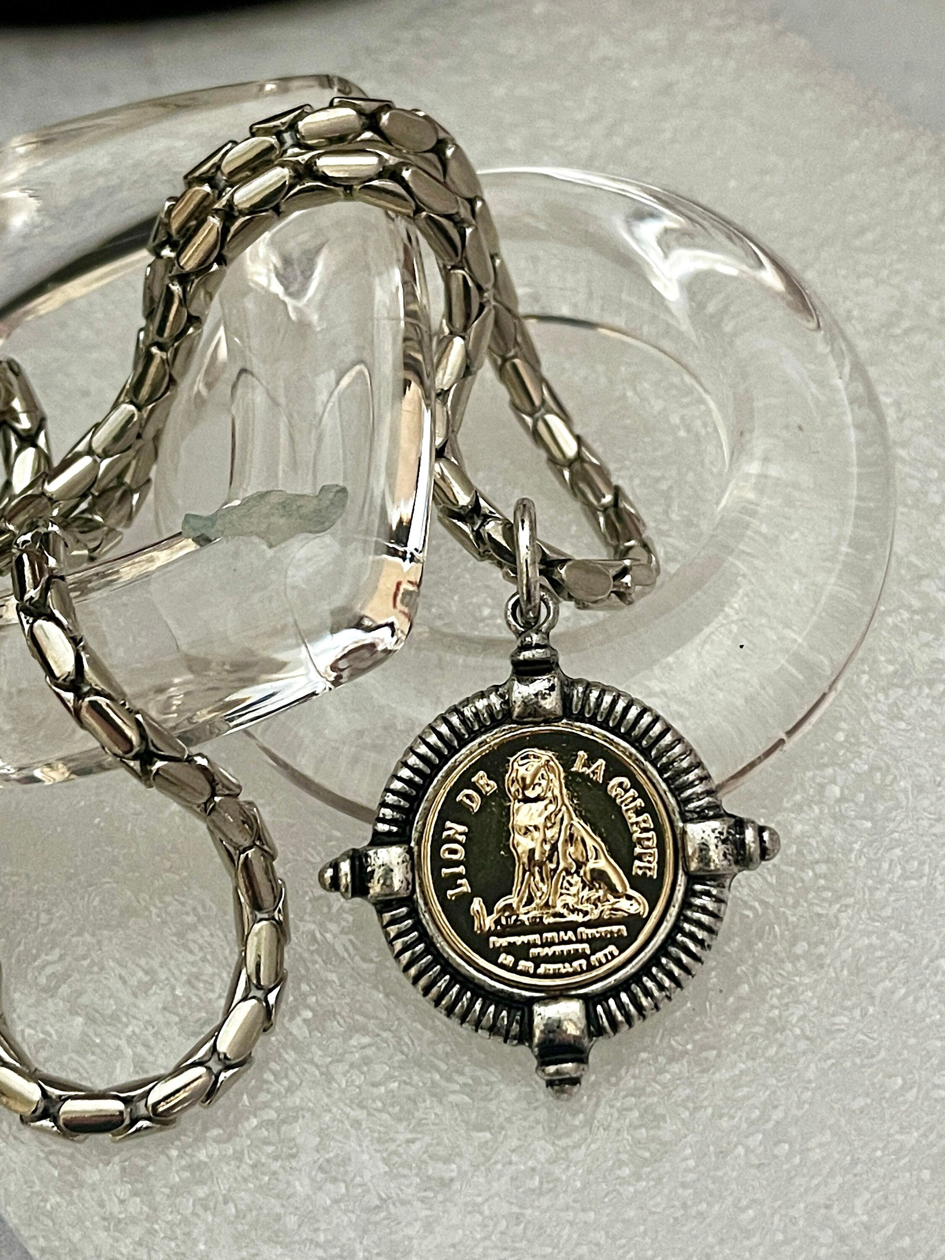 Thick Silver Snake Chain Necklace-Lion De La Gileppe Coin-Reproduction French Medal-Lion Jewelry-Lion Pendant-Mixed Metal-Lobster Clasp