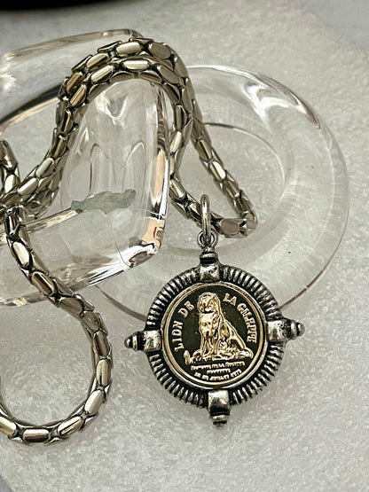 Thick Silver Snake Chain Necklace-Lion De La Gileppe Coin-Reproduction French Medal-Lion Jewelry-Lion Pendant-Mixed Metal-Lobster Clasp