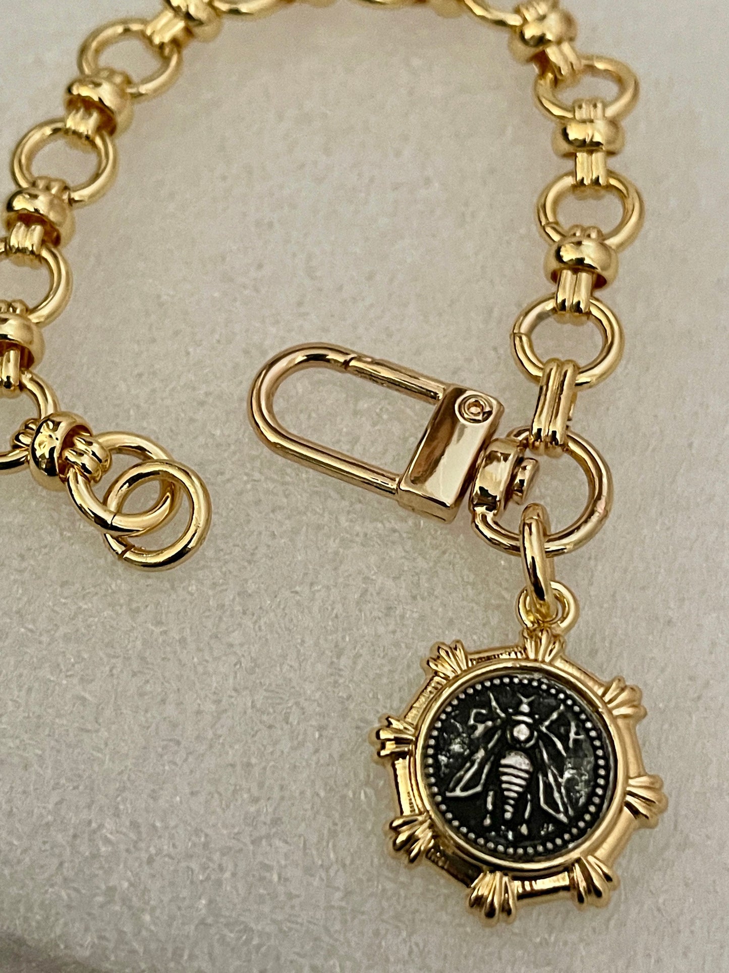 Gold Chunky Chain Bracelet-French Bee Petite Coin Charm-Specialty Cable Chain-Reproduction Medal- Carabiner Spring Clasp- Gift For Her