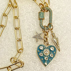 Chunky Gold Rolo Chain Necklace-Multi Charm Necklace-Turquoise CZ Screw Clasp- CZ Arrow Charm-Turquoise Enamel Heart Pendant-CZ Star Charm