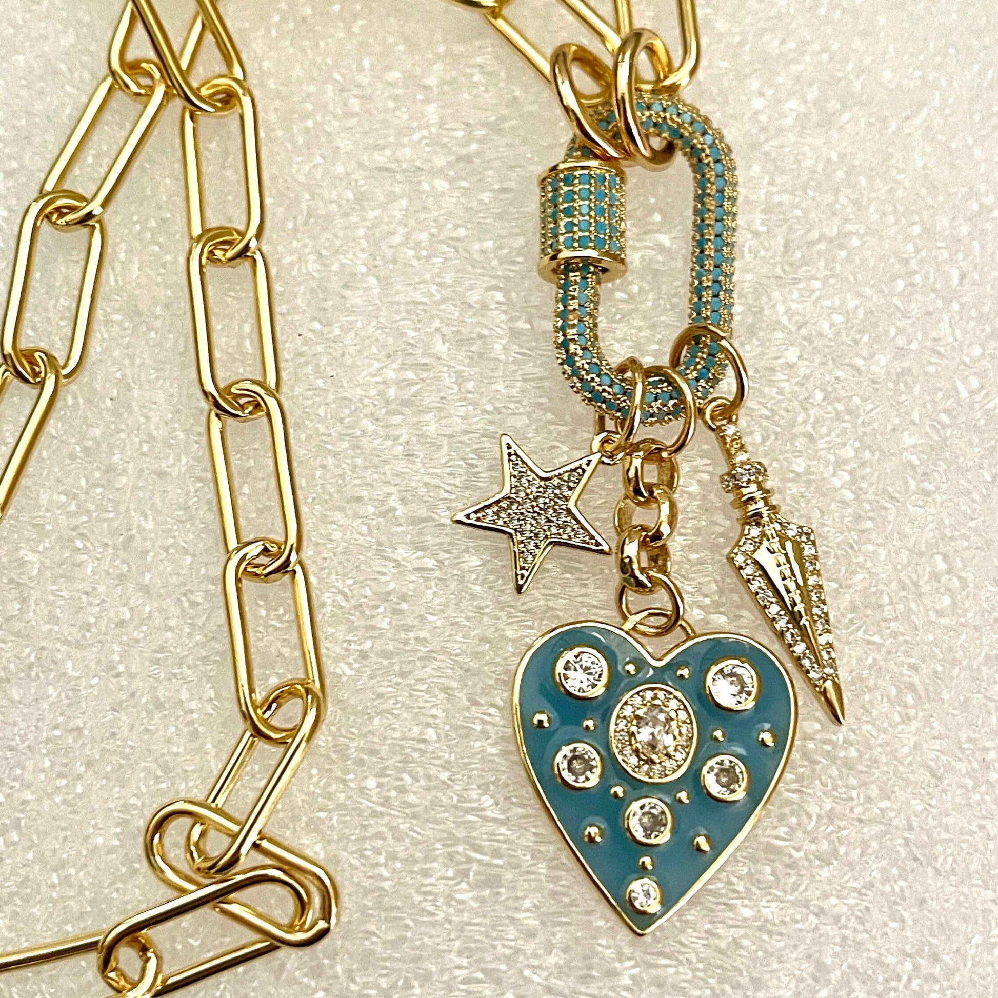 Chunky Gold Rolo Chain Necklace-Multi Charm Necklace-Turquoise CZ Screw Clasp- CZ Arrow Charm-Turquoise Enamel Heart Pendant-CZ Star Charm