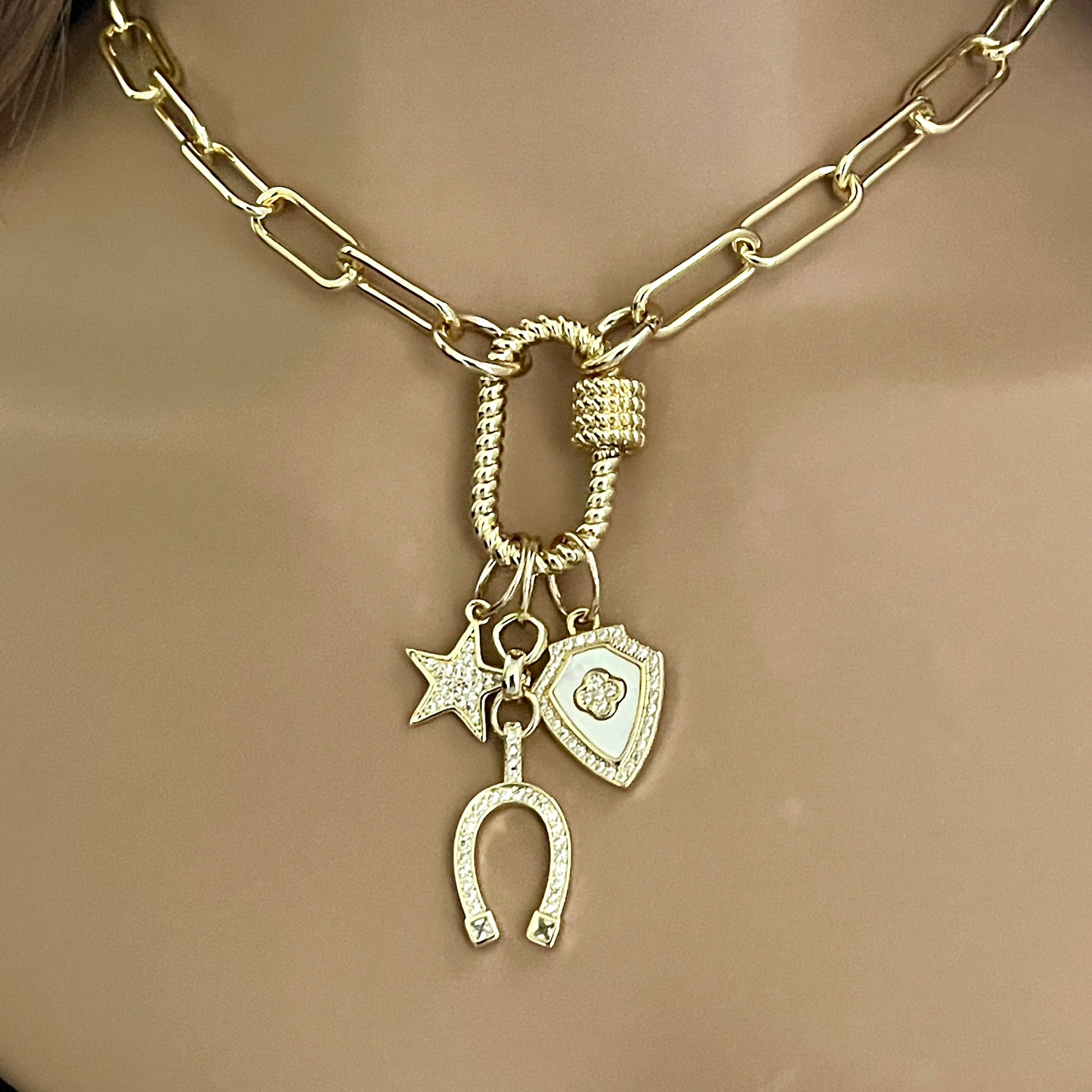 Gold Paperclip Chain-Charm Necklace-Rope Design Carabiner-Screw Clasp-3 Micro Pave CZ Charms-Star Charm-Horseshoe Charm-Crest Clover Charm