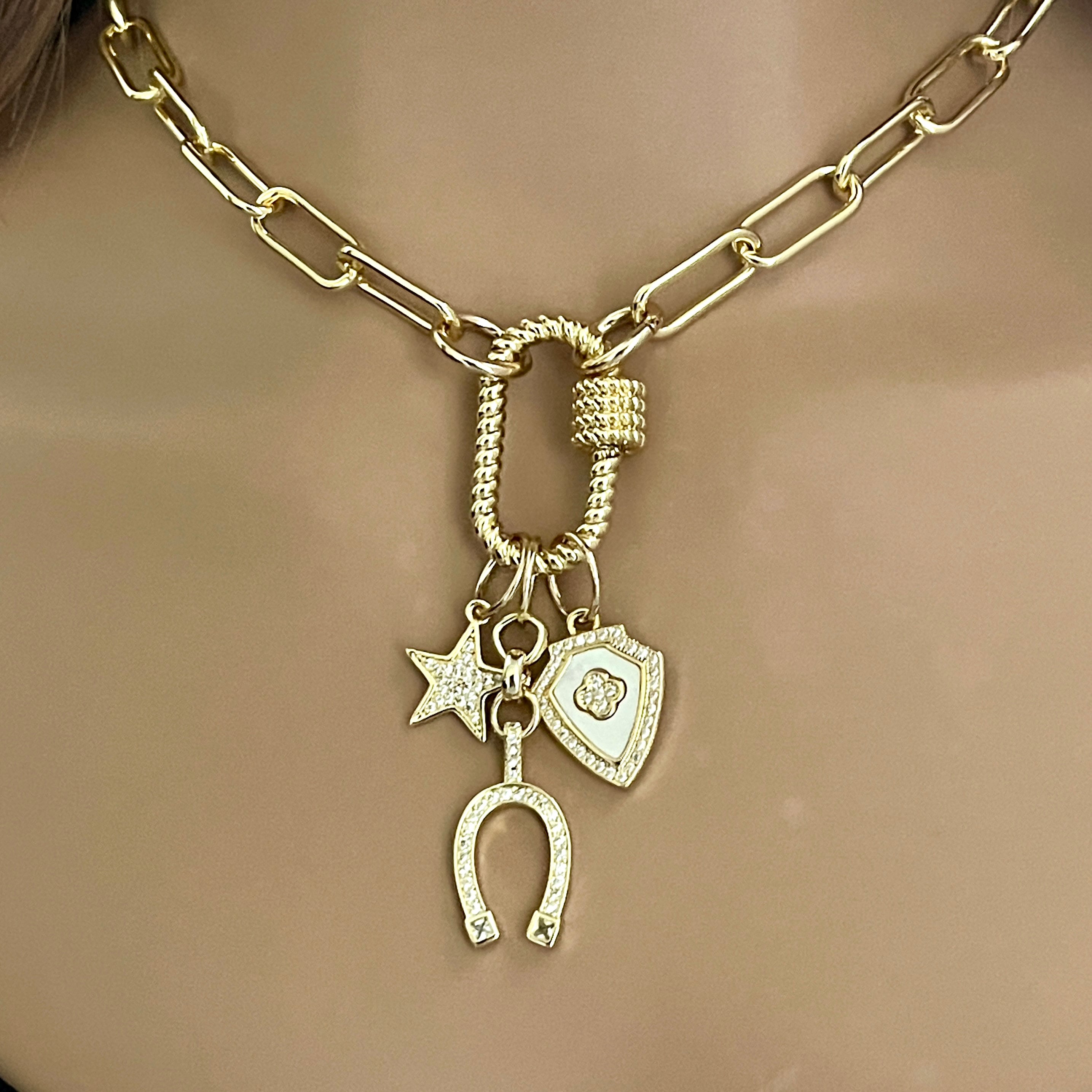 Gold Paperclip Chain-Charm Necklace-Rope Design Carabiner-Screw Clasp-3 Micro Pave CZ Charms-Star Charm-Horseshoe Charm-Crest Clover Charm