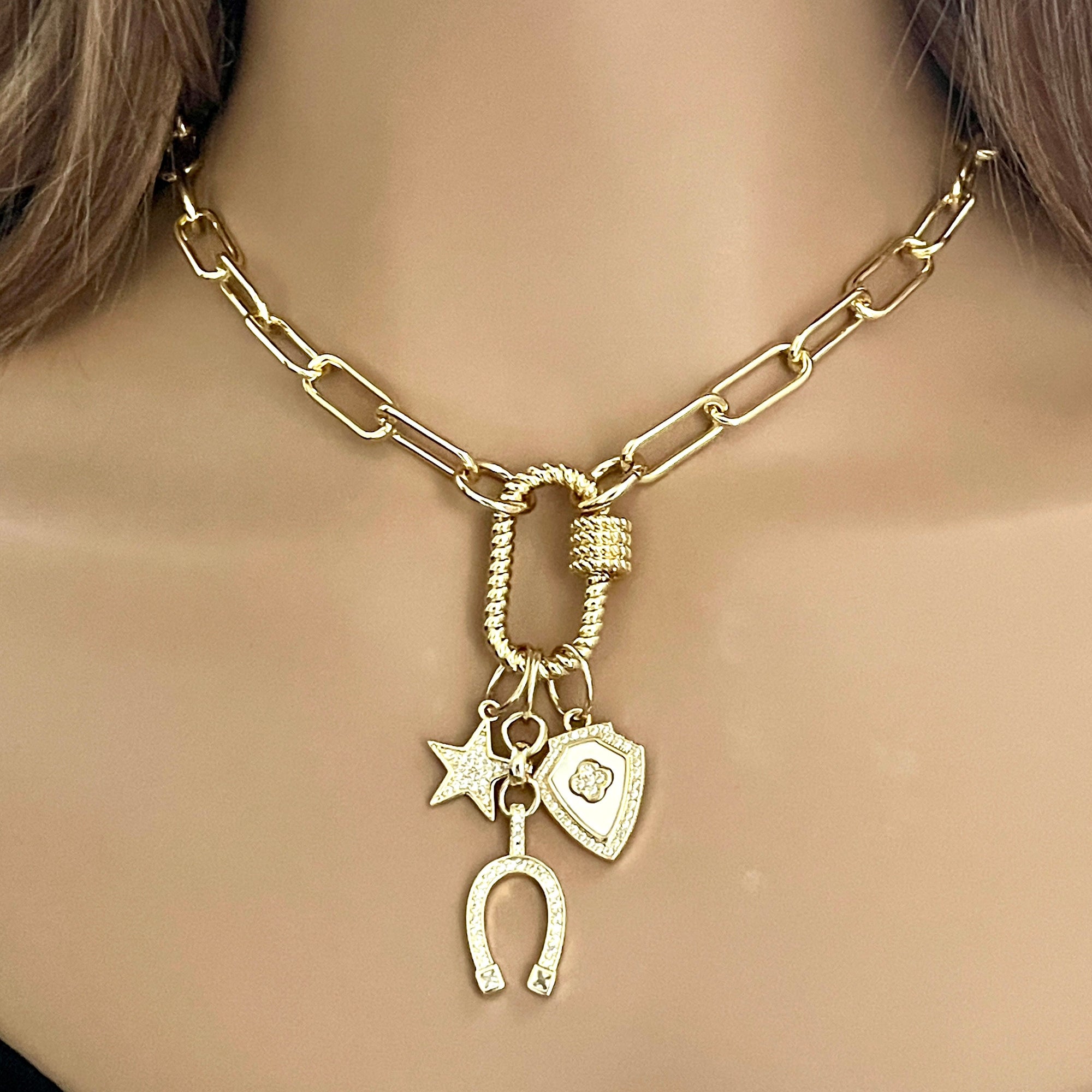 Gold Paperclip Chain-Charm Necklace-Rope Design Carabiner-Screw Clasp-3 Micro Pave CZ Charms-Star Charm-Horseshoe Charm-Crest Clover Charm
