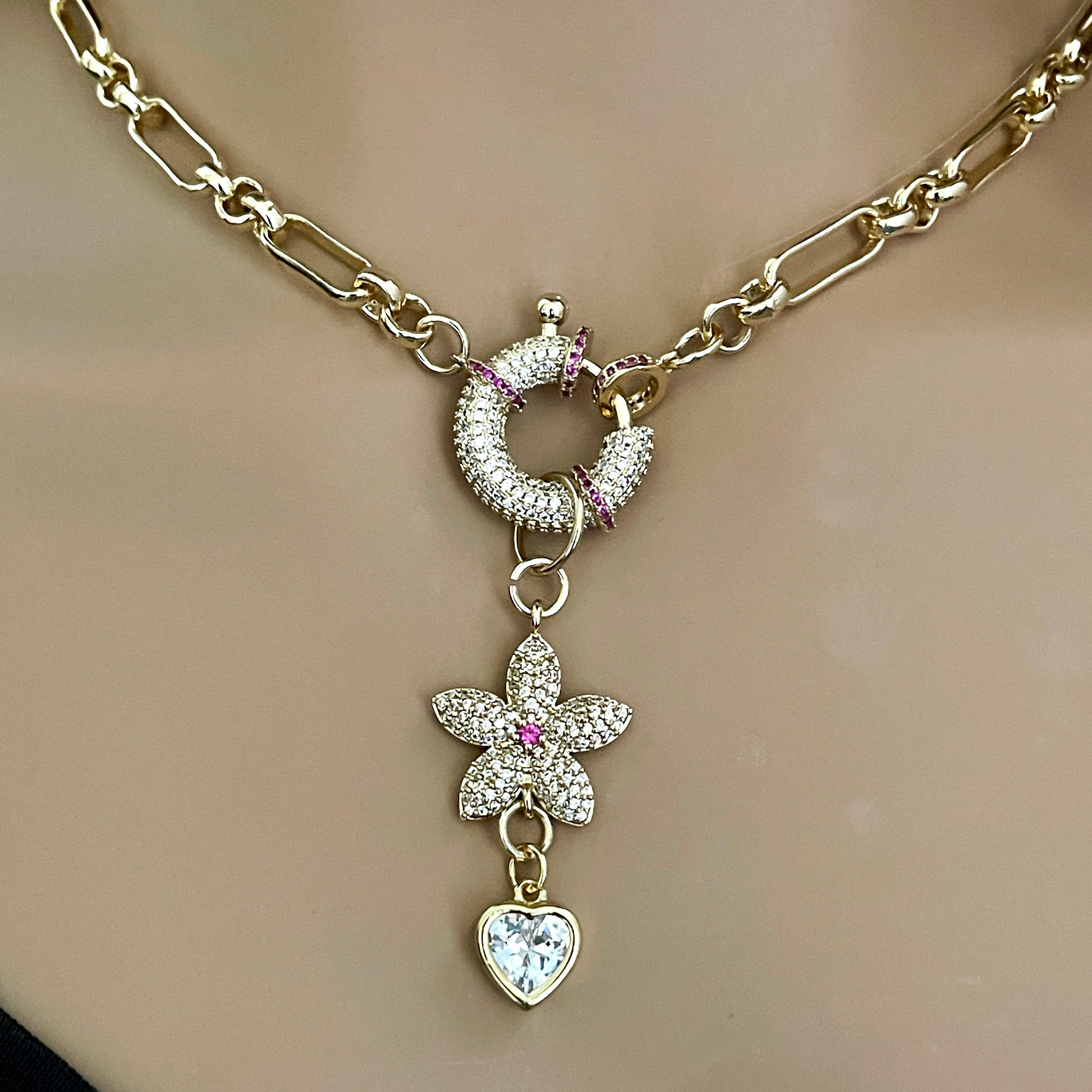 Gold Specialty Chain Necklace-Ruby CZ Mariner Clasp-Ruby CZ Flower Pendant-Large Heart-Shaped Cubic Zirconia Stone-Gift For Her