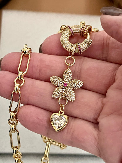 Gold Specialty Chain Necklace-Ruby CZ Mariner Clasp-Ruby CZ Flower Pendant-Large Heart-Shaped Cubic Zirconia Stone-Gift For Her