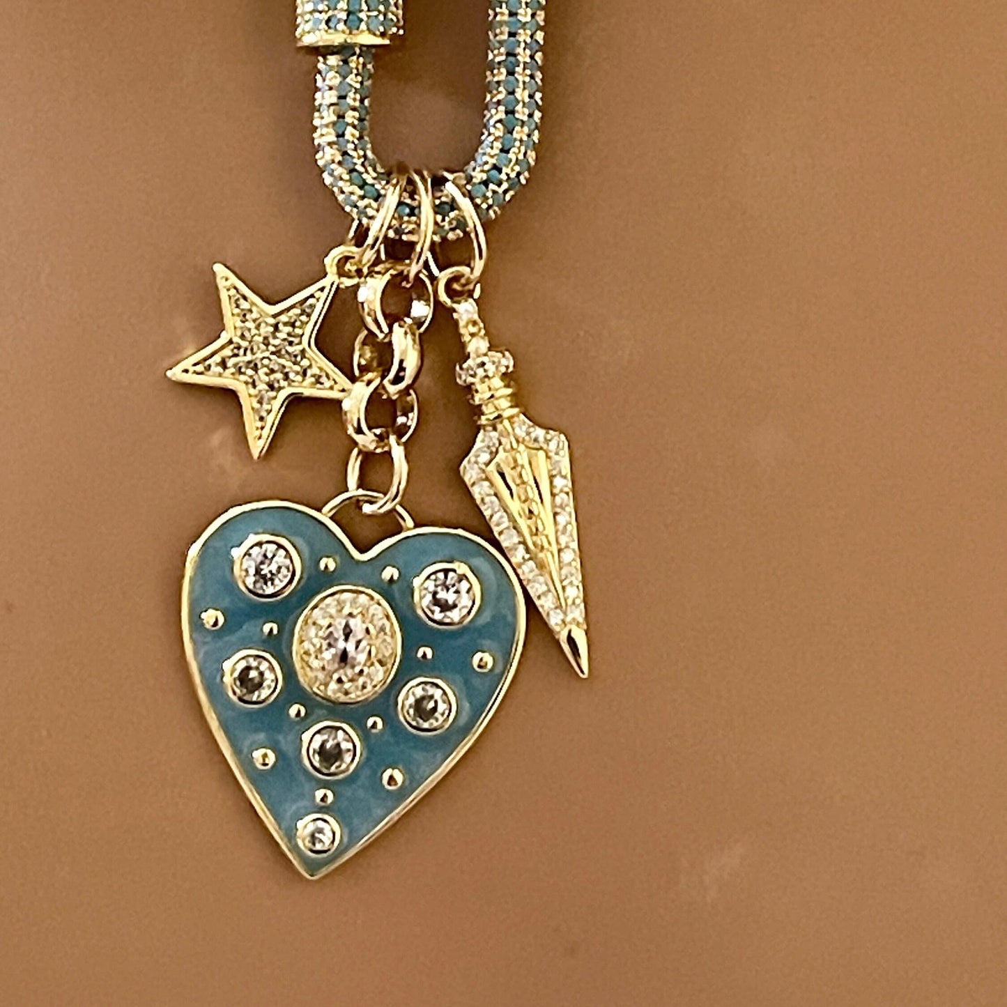 Chunky Gold Rolo Chain Necklace-Multi Charm Necklace-Turquoise CZ Screw Clasp- CZ Arrow Charm-Turquoise Enamel Heart Pendant-CZ Star Charm