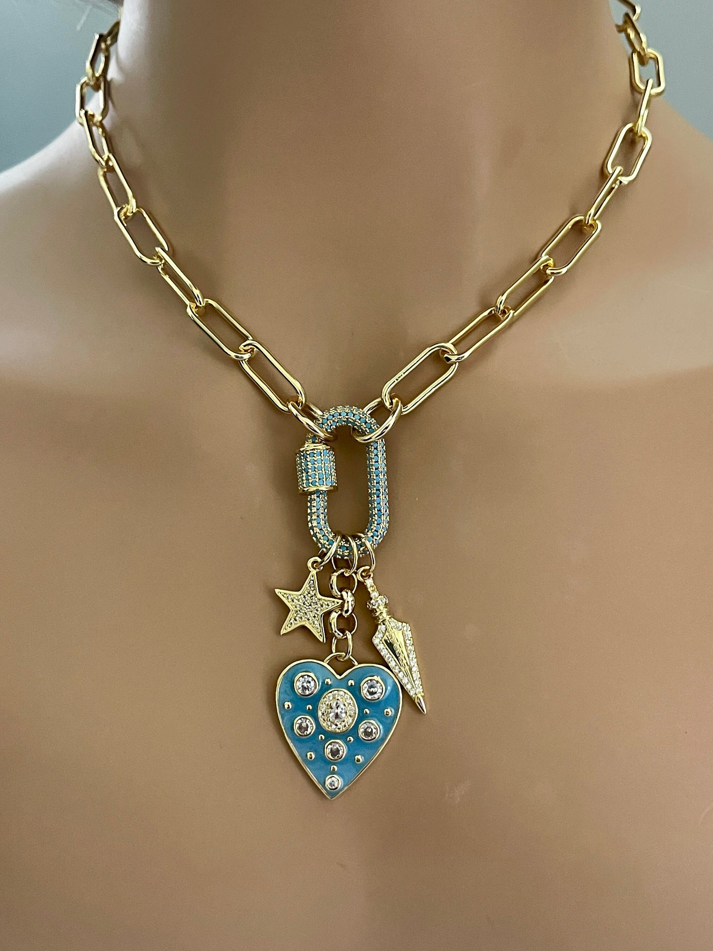 Chunky Gold Rolo Chain Necklace-Multi Charm Necklace-Turquoise CZ Screw Clasp- CZ Arrow Charm-Turquoise Enamel Heart Pendant-CZ Star Charm