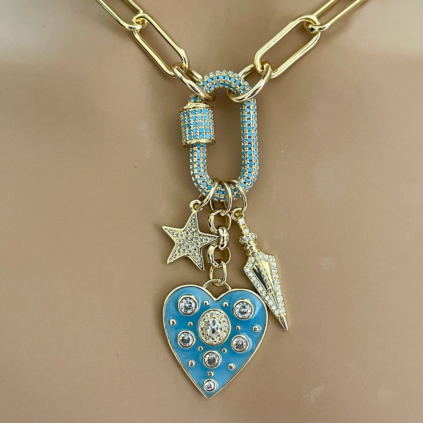 Chunky Gold Rolo Chain Necklace-Multi Charm Necklace-Turquoise CZ Screw Clasp- CZ Arrow Charm-Turquoise Enamel Heart Pendant-CZ Star Charm